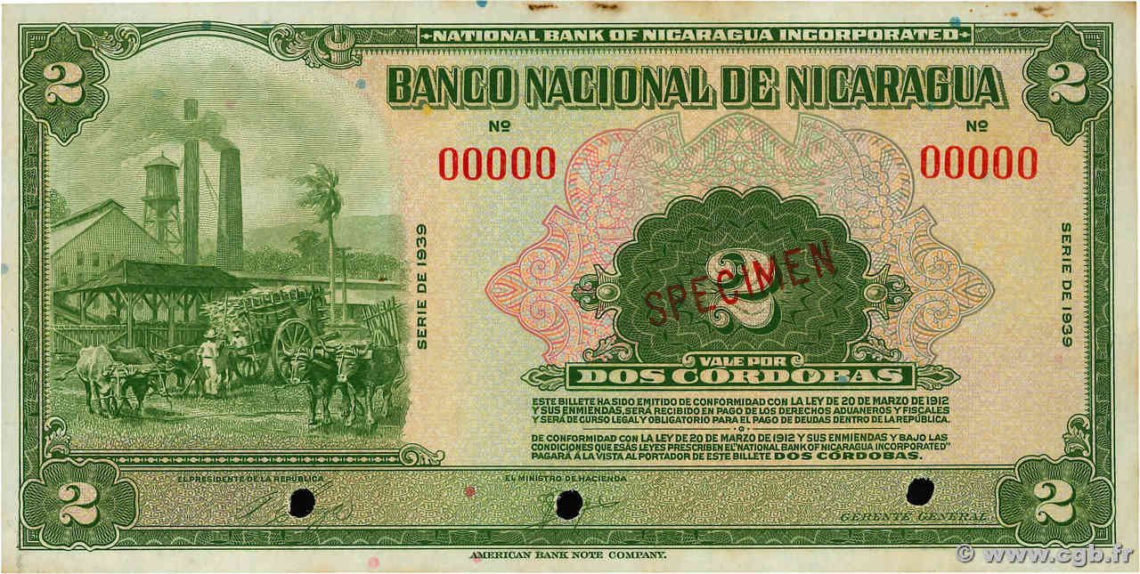 2 Cordobas Spécimen NICARAGUA  1939 P.064s AU