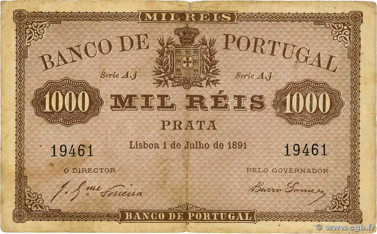 1000 Reis PORTUGAL  1891 P.066 S