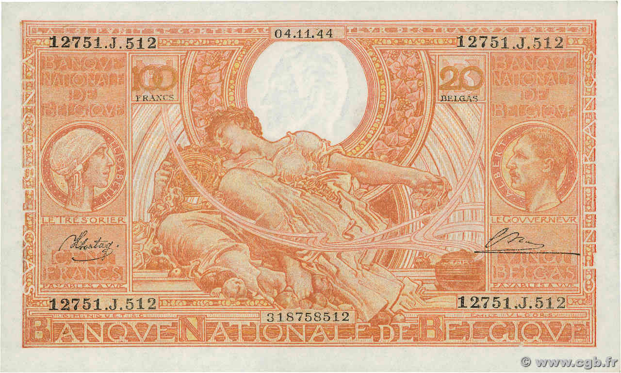 100 Francs - 20 Belgas BELGIUM  1944 P.113 AU