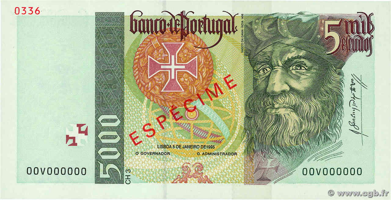 5000 Escudos Spécimen PORTUGAL  1995 P.190as UNC