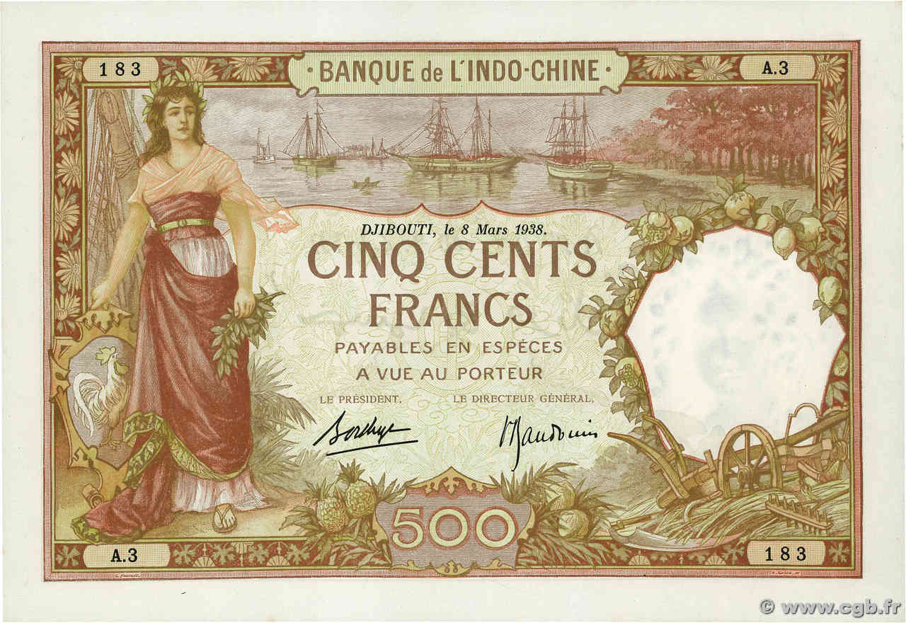 500 Francs DSCHIBUTI   1938 P.09b fST+