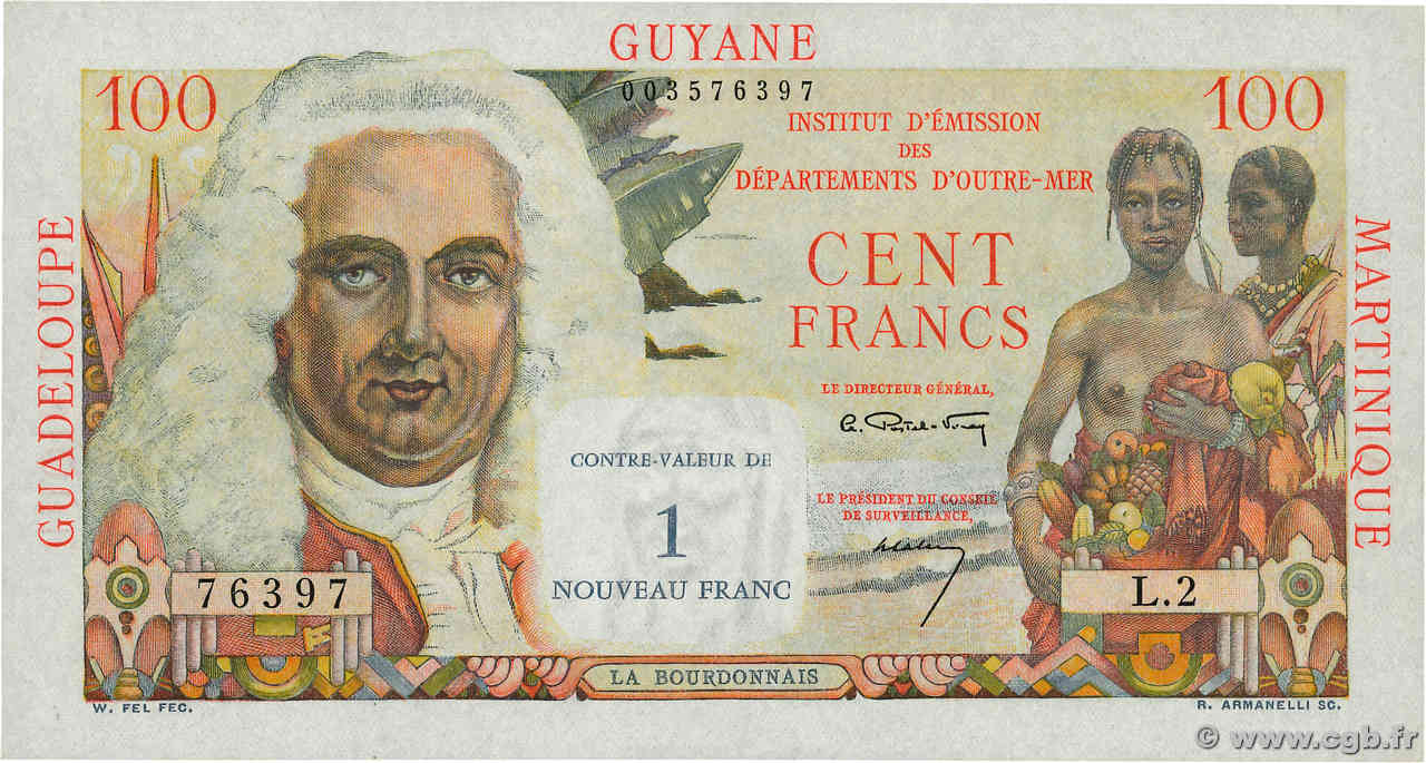 1 NF sur 100 Francs La Bourdonnais FRENCH ANTILLES  1960 P.01a fST+