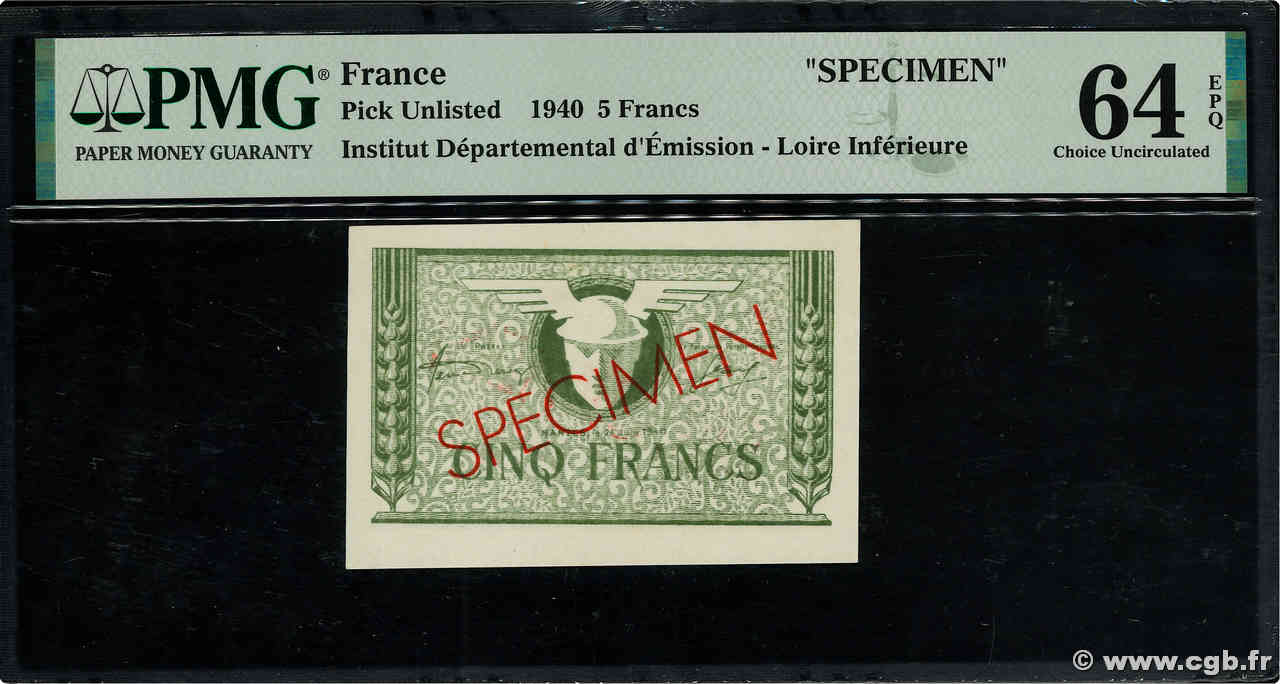 5 Francs Spécimen FRANCE regionalism and various Nantes 1940 BU.60.04 UNC-