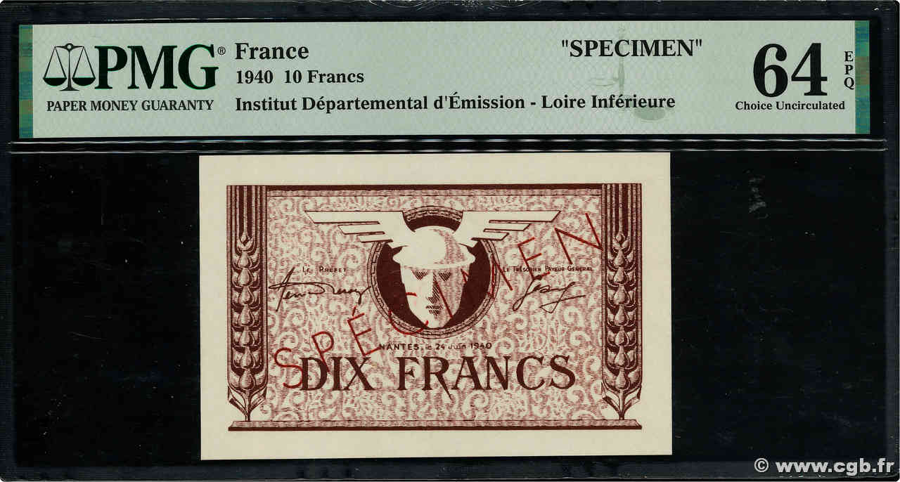 10 Francs Spécimen FRANCE regionalismo y varios Nantes 1940 BU.61.02 SC+