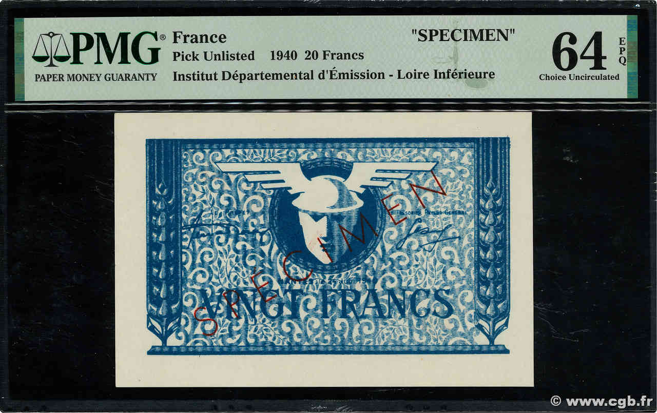 20 Francs Spécimen FRANCE regionalismo y varios Nantes 1940 BU.62.02 SC+