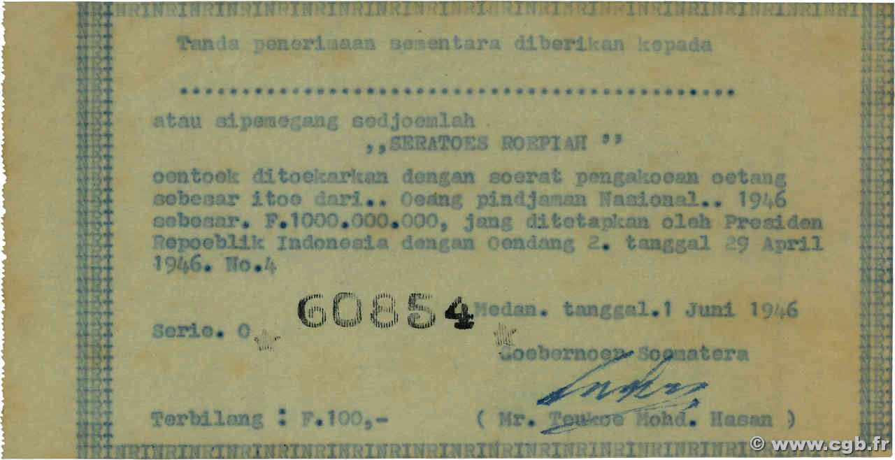 100 Rupiah INDONESIA Medan 1946 PS.- XF