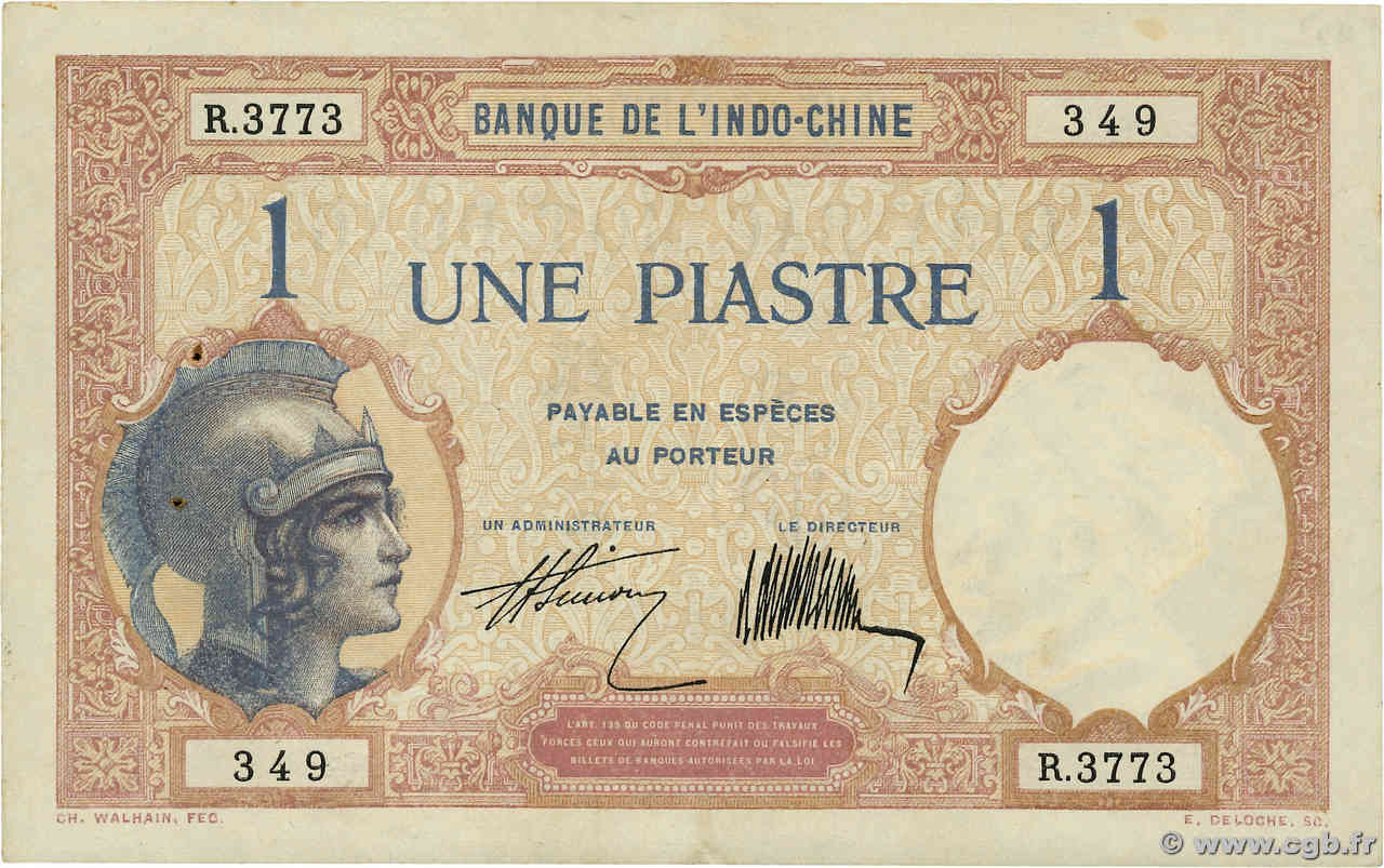 1 Piastre INDOCHINE FRANÇAISE  1927 P.048b SUP