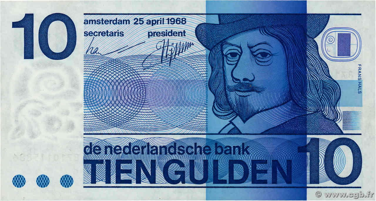 10 Gulden NETHERLANDS  1968 P.091b XF