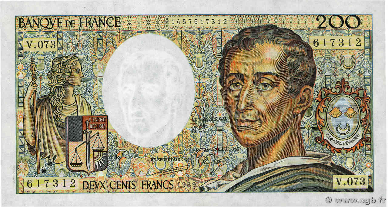 200 Francs MONTESQUIEU FRANCIA  1989 F.70.09 AU+