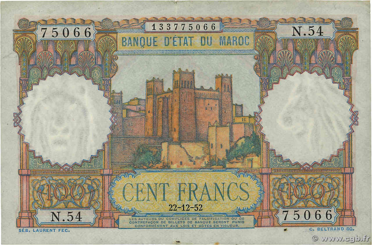 100 Francs MARUECOS  1952 P.45 BC+