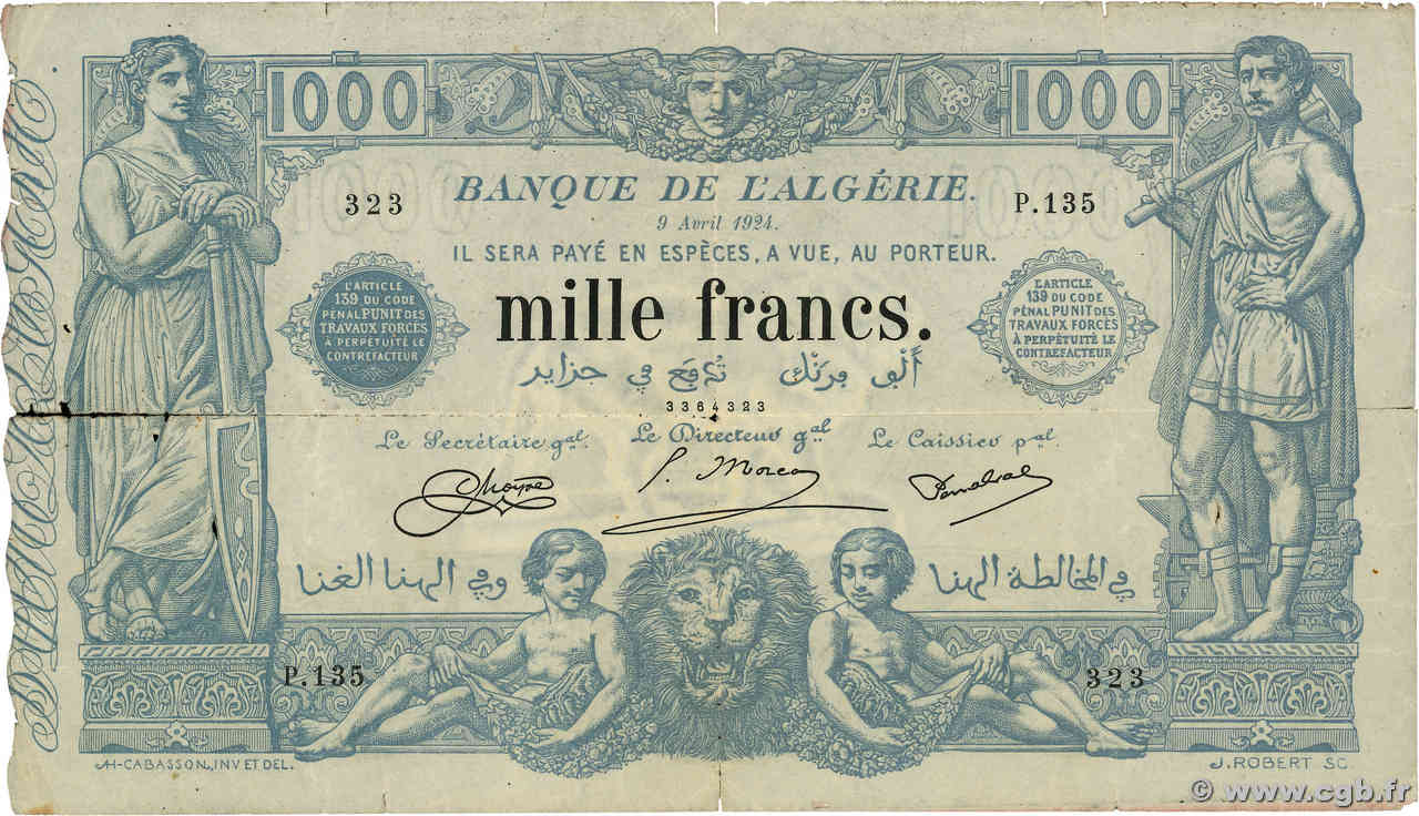 1000 Francs ALGÉRIE  1924 P.076 TB