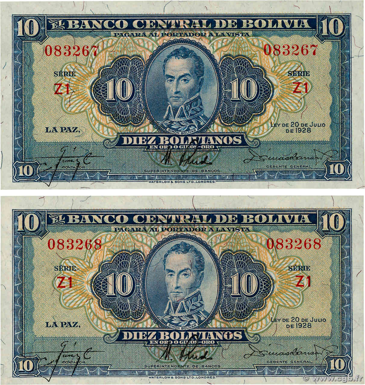 10 Bolivianos Consécutifs BOLIVIE  1928 P.130 SPL