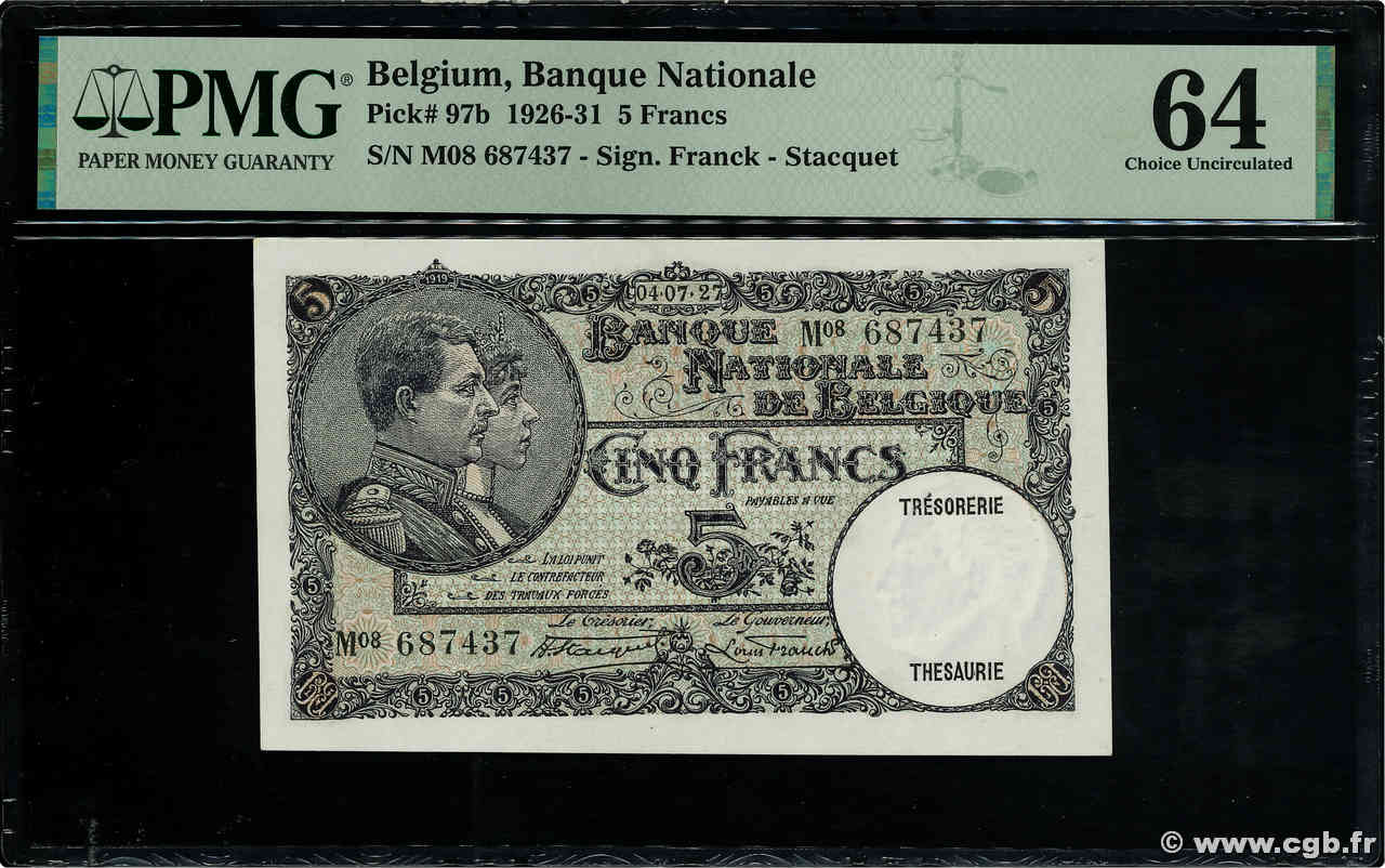 5 Francs BÉLGICA  1927 P.097b SC+