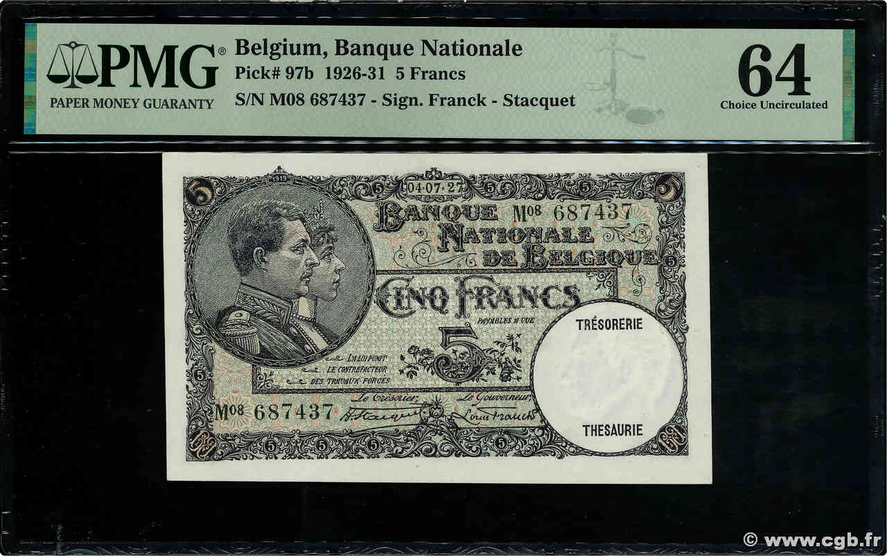 5 Francs BELGIUM  1927 P.097b UNC-