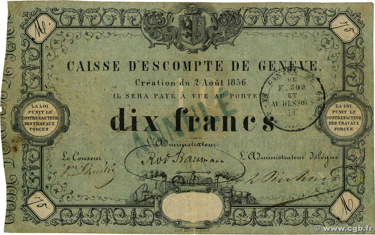 10 Francs Annulé SWITZERLAND  1856 PS.311b F-