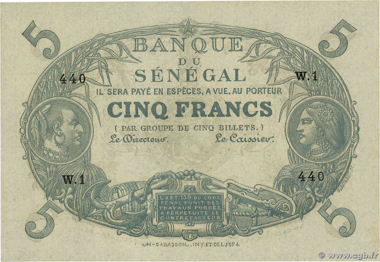 5 Francs Cabasson SÉNÉGAL  1874 P.A1 pr.NEUF