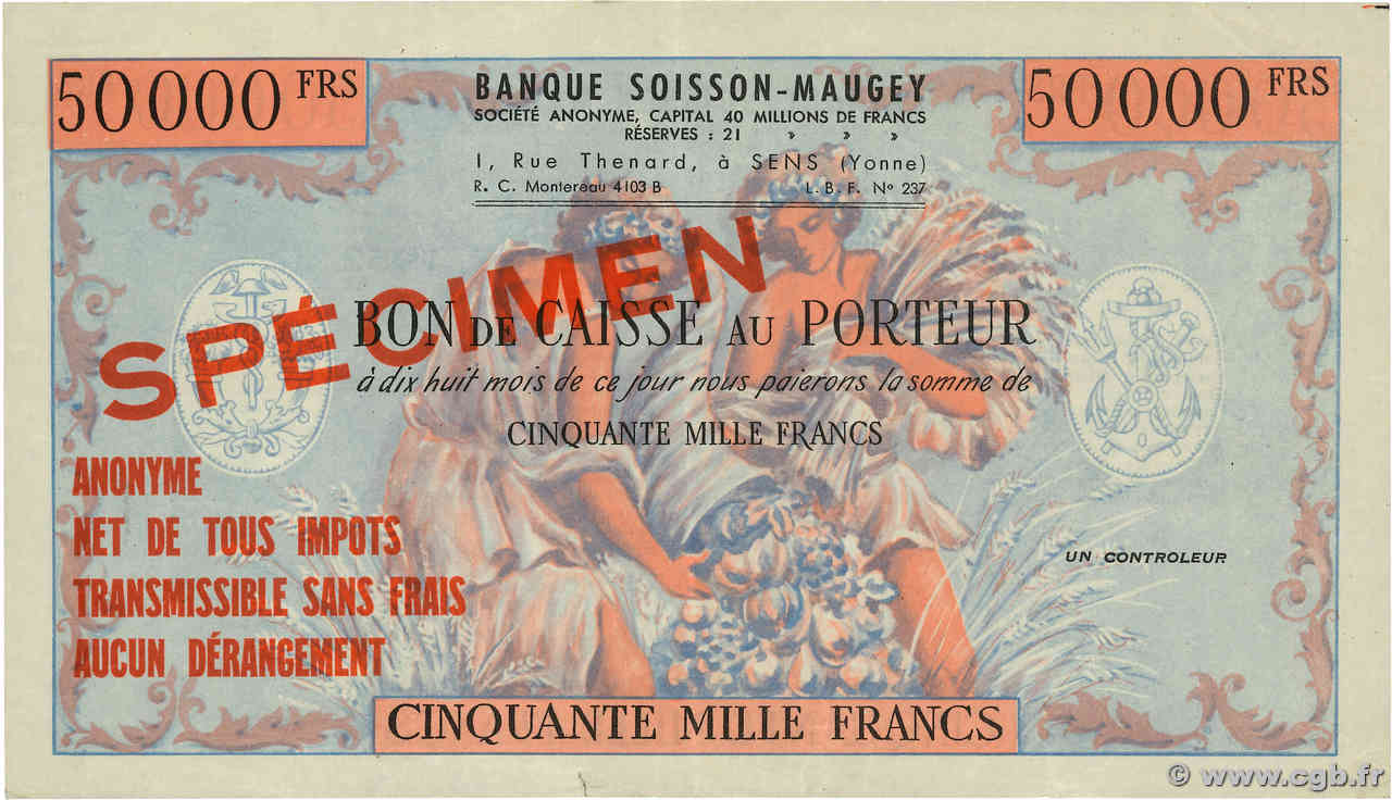 50000 Francs FRANCE regionalismo e varie Sens  1952  q.SPL