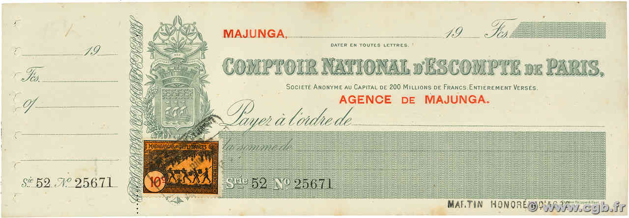 Francs Non émis FRANCE regionalism and miscellaneous Majunga  1952 DOC.Cheque VF+