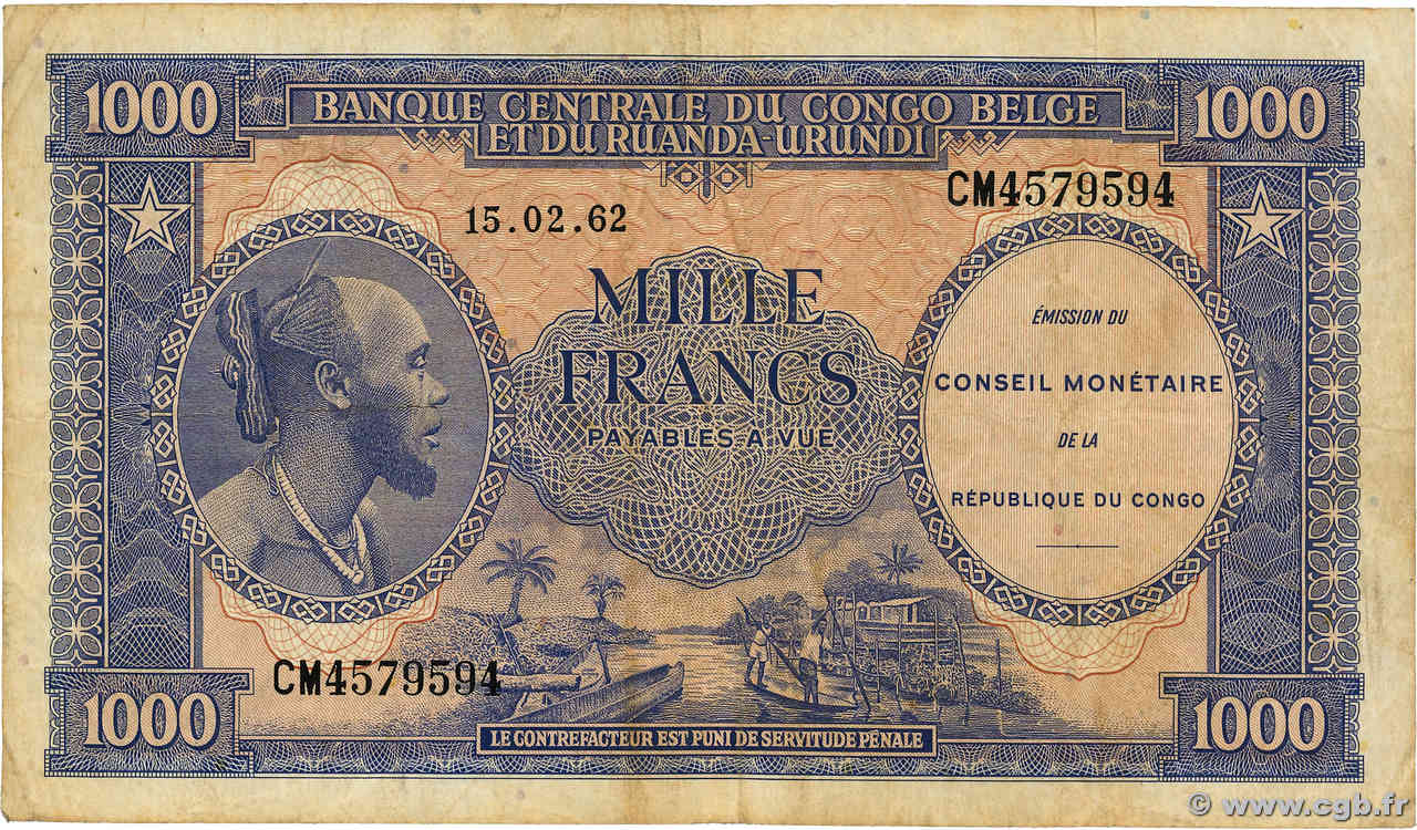 1000 Francs REPUBBLICA DEMOCRATICA DEL CONGO  1962 P.002a MB