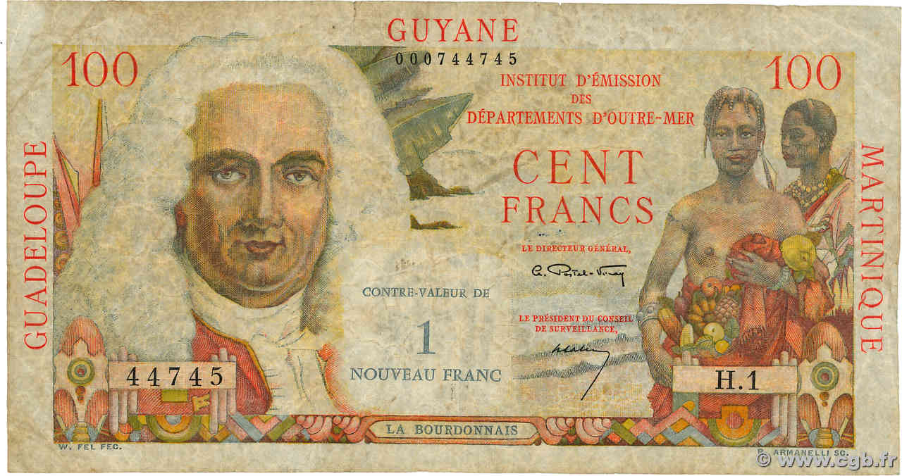 1 NF sur 100 Francs La Bourdonnais FRENCH ANTILLES  1960 P.01a q.MB