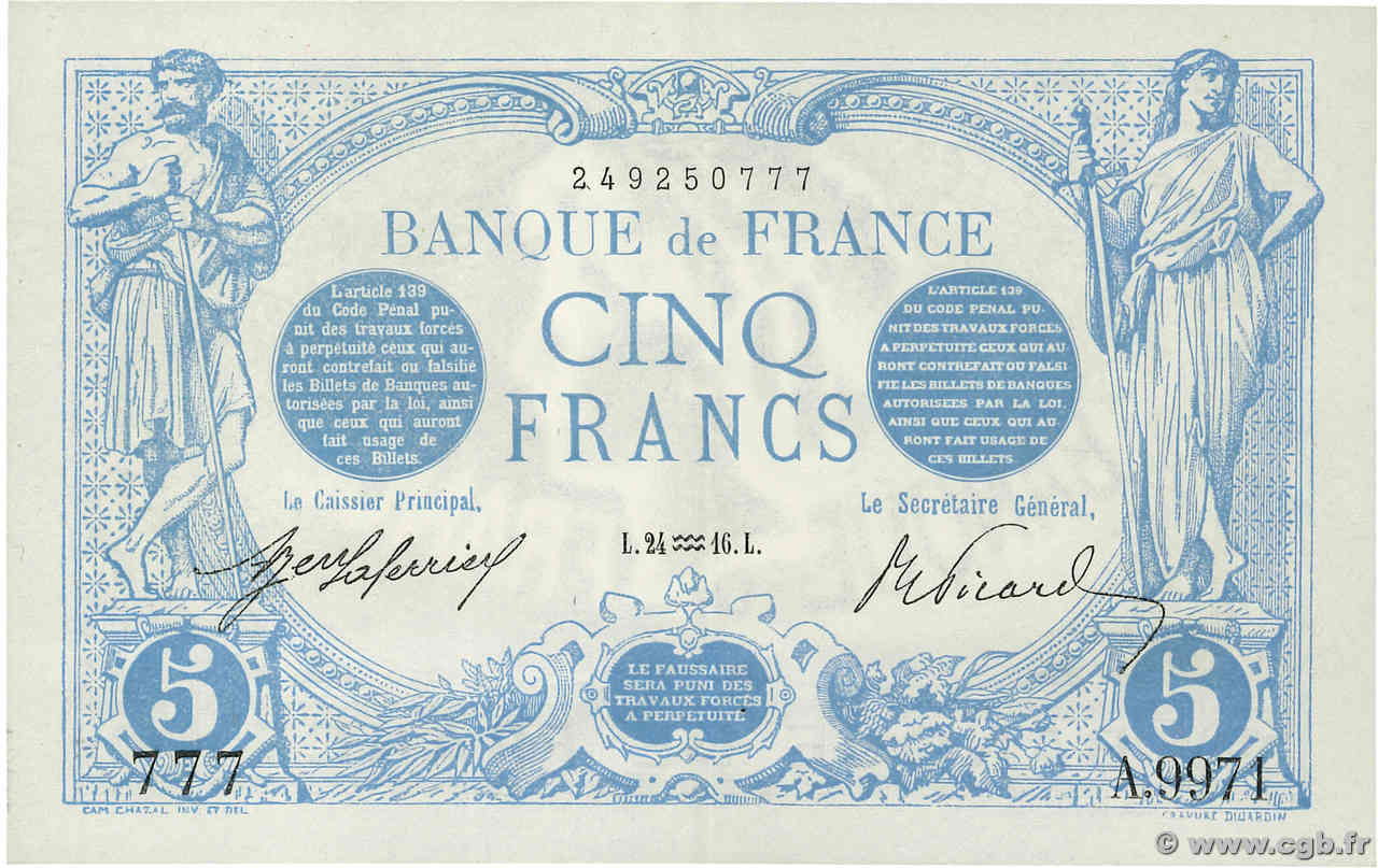 5 Francs BLEU Numéro spécial FRANCIA  1916 F.02.35 SPL+