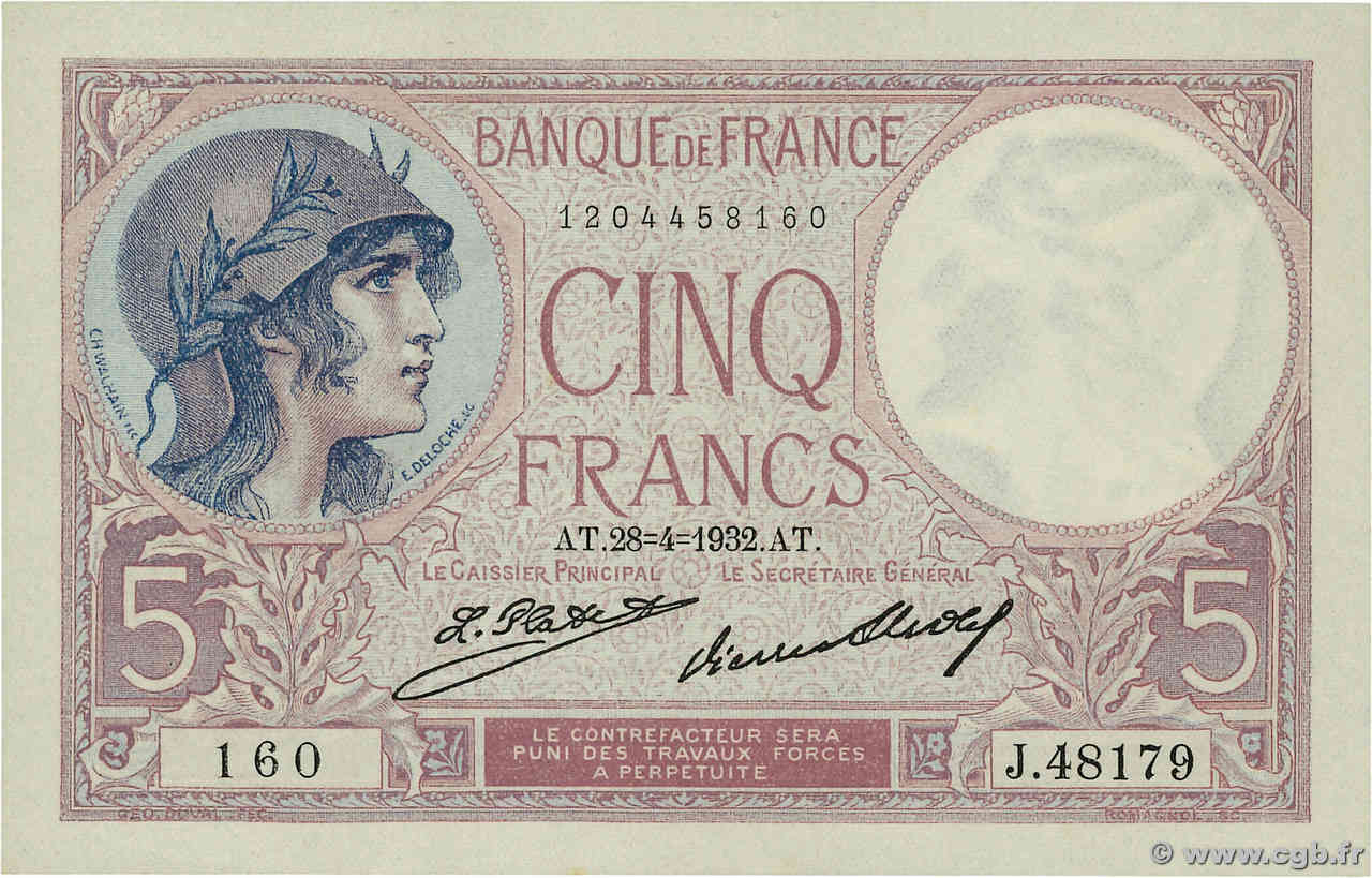 5 Francs FEMME CASQUÉE FRANKREICH  1932 F.03.16 VZ