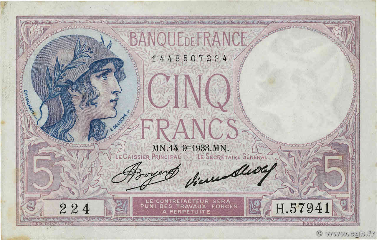 5 Francs FEMME CASQUÉE FRANCE  1933 F.03.17 pr.SPL