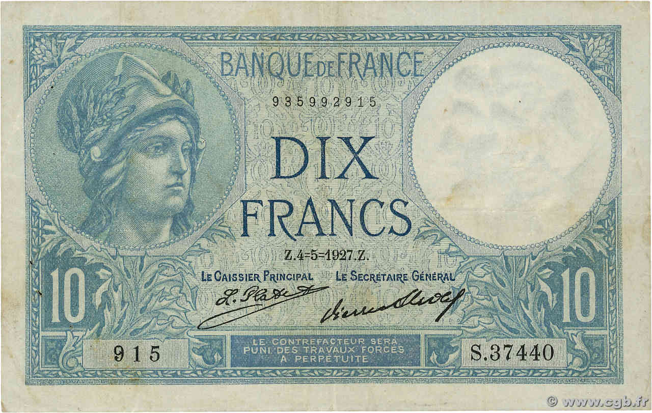 10 Francs MINERVE FRANCE  1927 F.06.12 TB