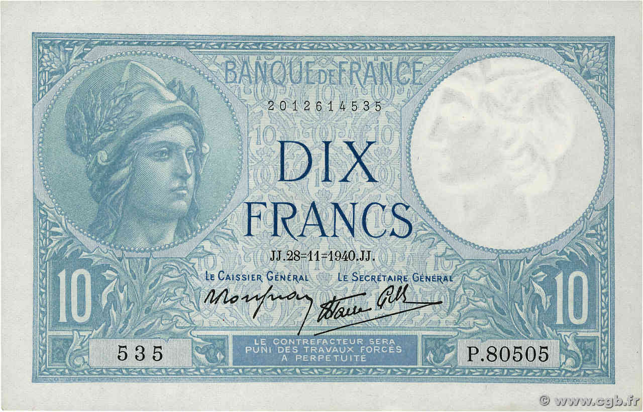 10 Francs MINERVE modifié FRANCIA  1940 F.07.22 SPL+