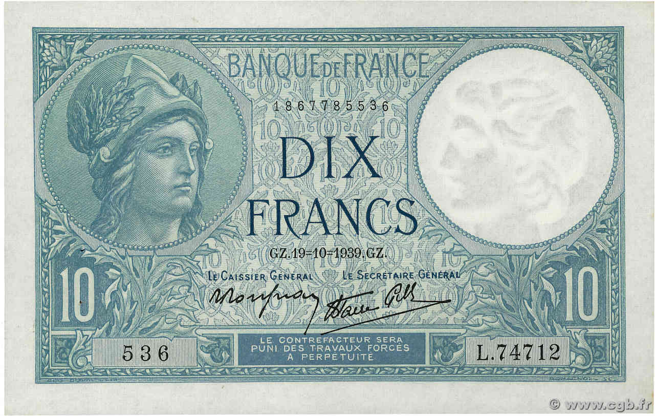 10 Francs MINERVE modifié FRANCIA  1939 F.07.12 SC