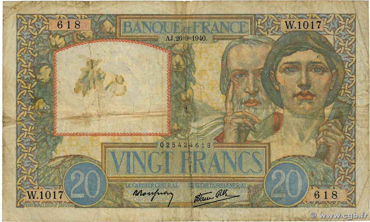 20 Francs TRAVAIL ET SCIENCE FRANCE  1940 F.12.07 B+