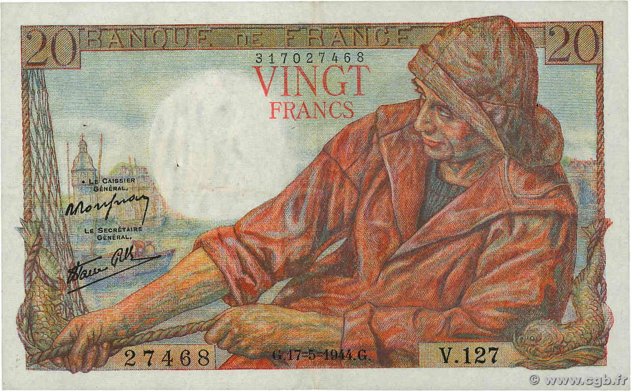 20 Francs PÊCHEUR FRANCE  1944 F.13.09 TTB+