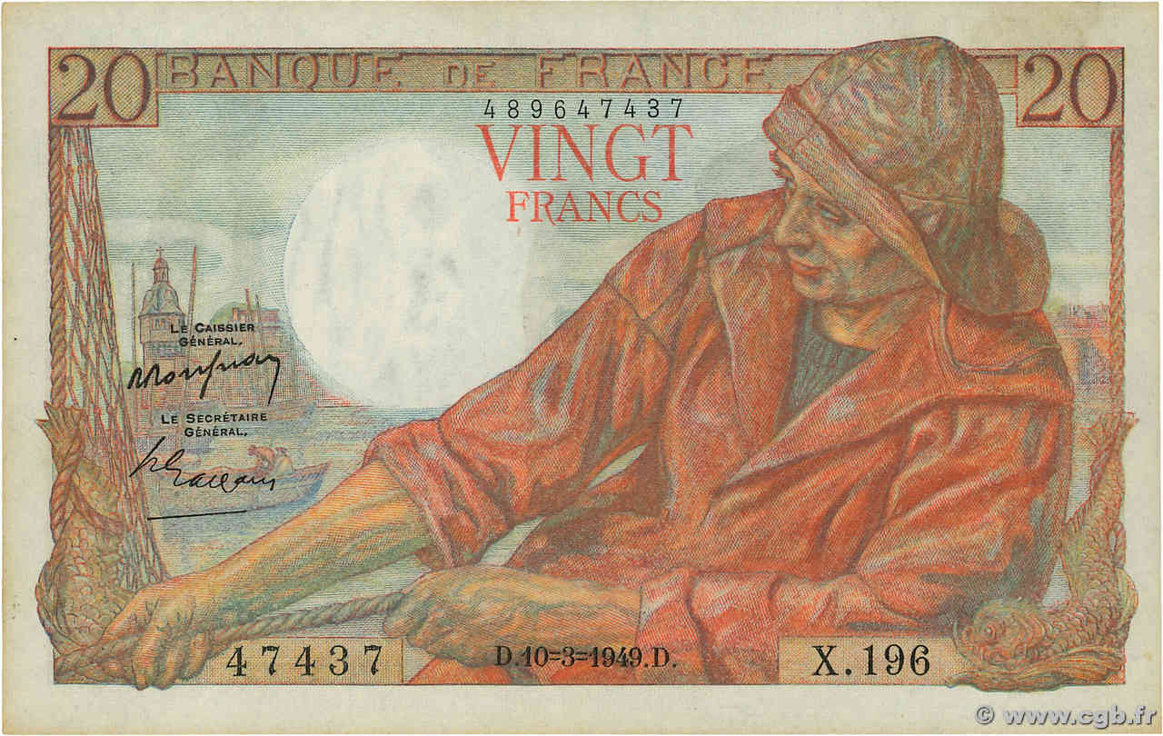 20 Francs PÊCHEUR FRANKREICH  1949 F.13.14 fST