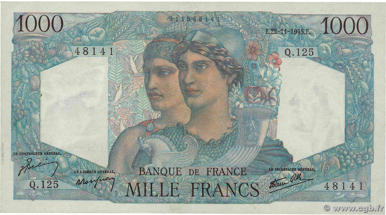 1000 Francs MINERVE ET HERCULE FRANCE  1945 F.41.08 SUP