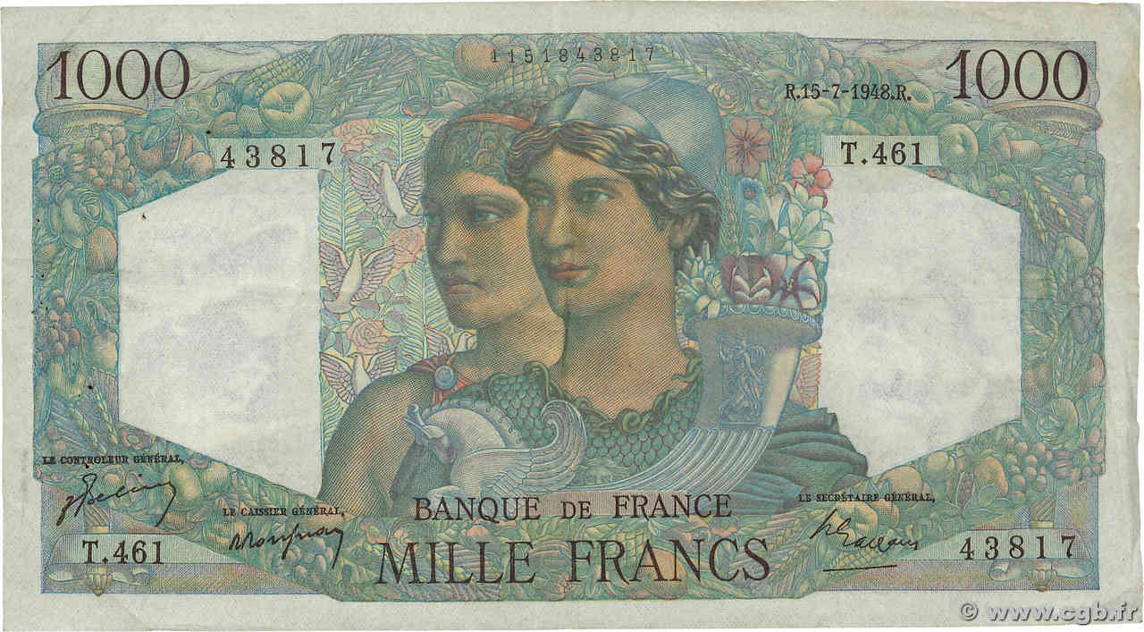 1000 Francs MINERVE ET HERCULE FRANCE  1948 F.41.22 TB+