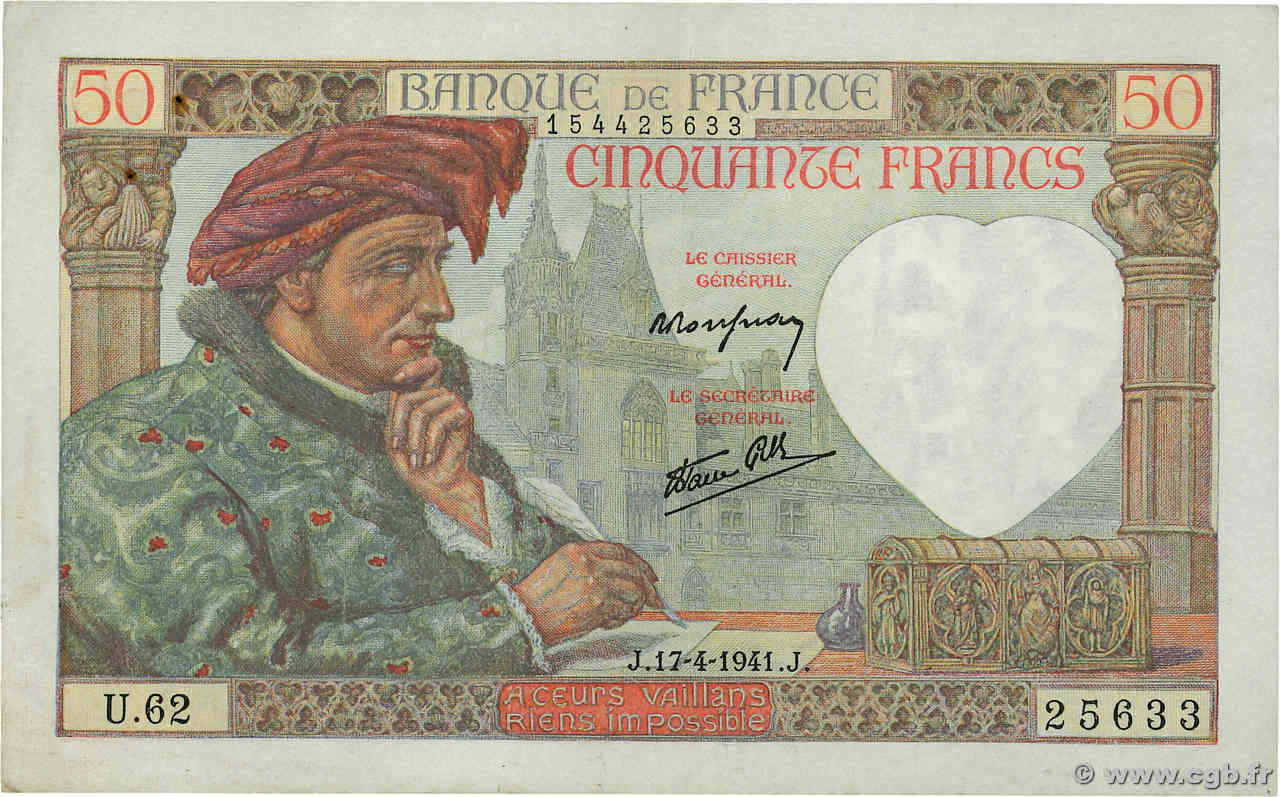 50 Francs JACQUES CŒUR FRANCE  1941 F.19.08 pr.SUP
