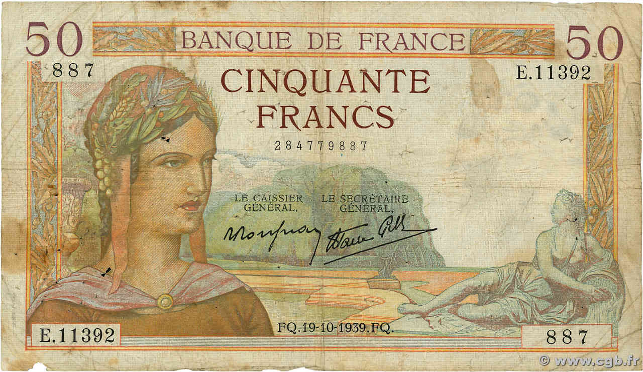 50 Francs CÉRÈS modifié FRANCE  1939 F.18.33 B