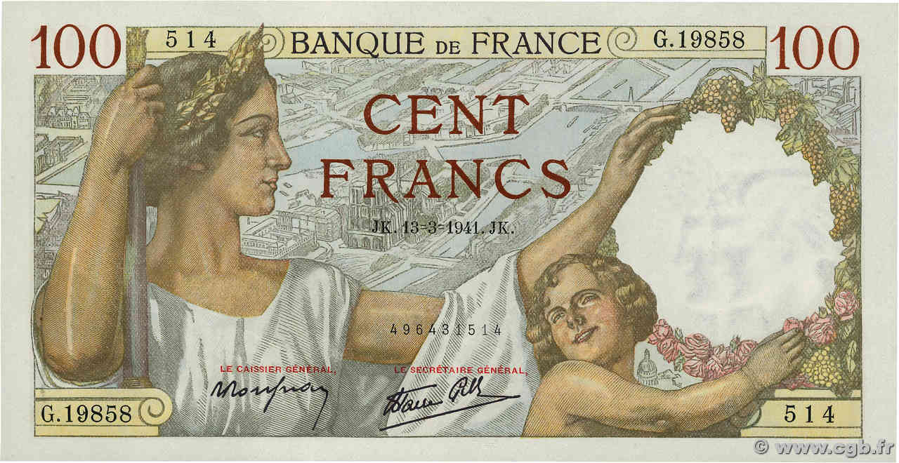 100 Francs SULLY FRANCE  1941 F.26.48 NEUF