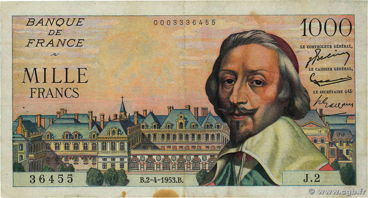 1000 Francs RICHELIEU FRANCE  1953 F.42.01 VF