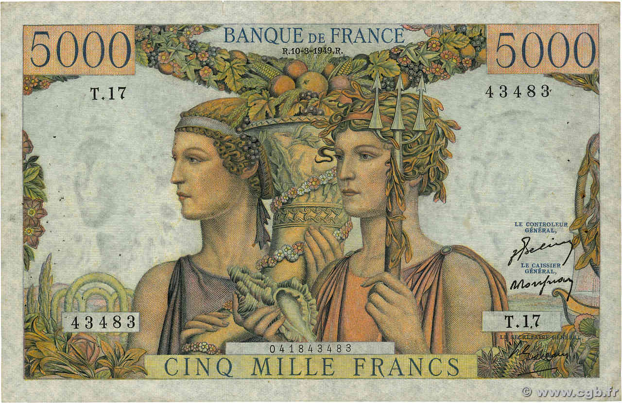 5000 Francs TERRE ET MER FRANCIA  1949 F.48.01 BC+