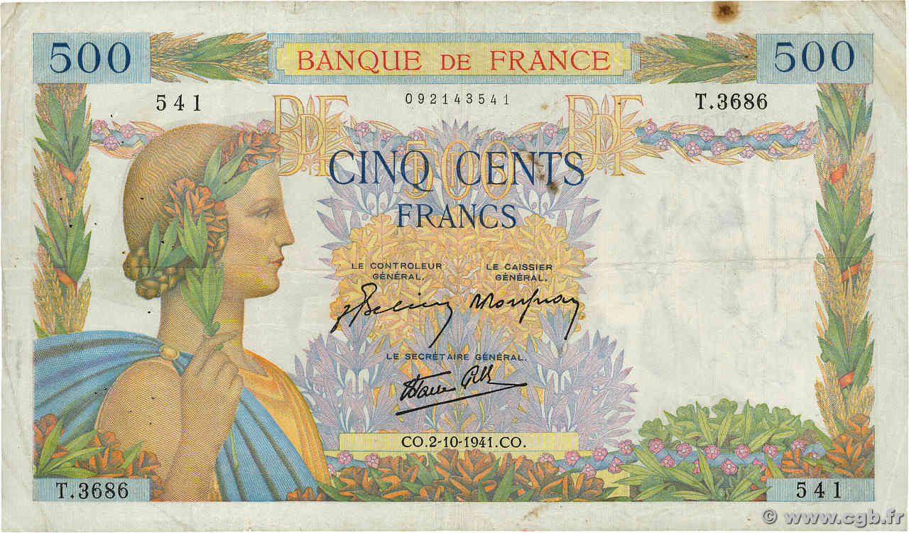 500 Francs LA PAIX FRANKREICH  1941 F.32.22 S