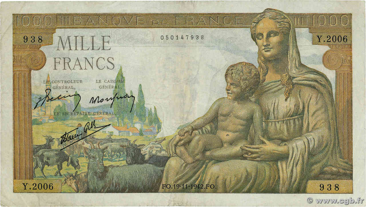 1000 Francs DÉESSE DÉMÉTER FRANCE  1942 F.40.11 F+