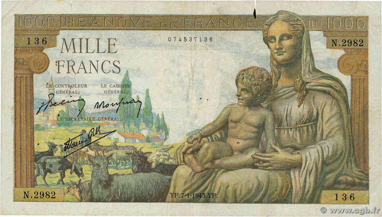 1000 Francs DÉESSE DÉMÉTER FRANKREICH  1943 F.40.15 S