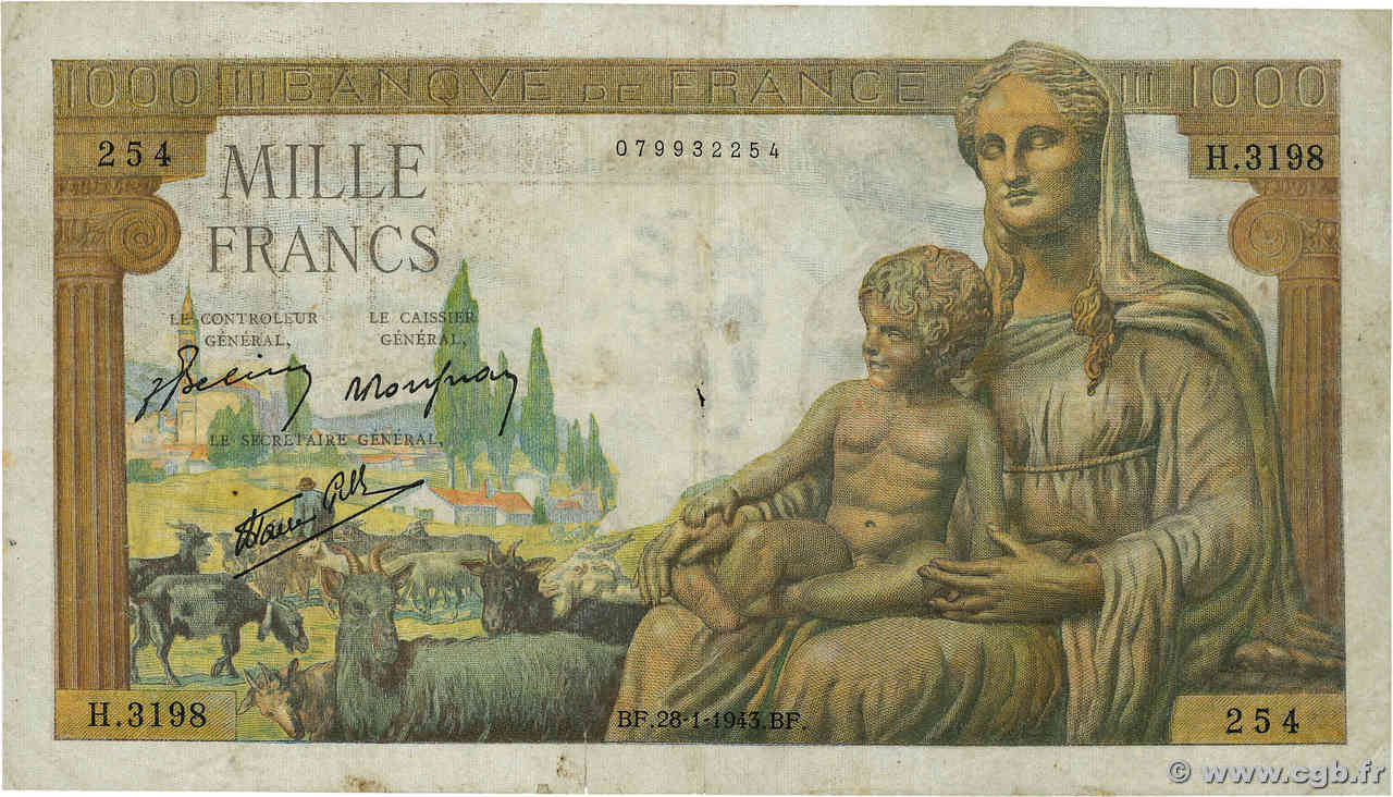 1000 Francs DÉESSE DÉMÉTER FRANCE  1943 F.40.16 B+