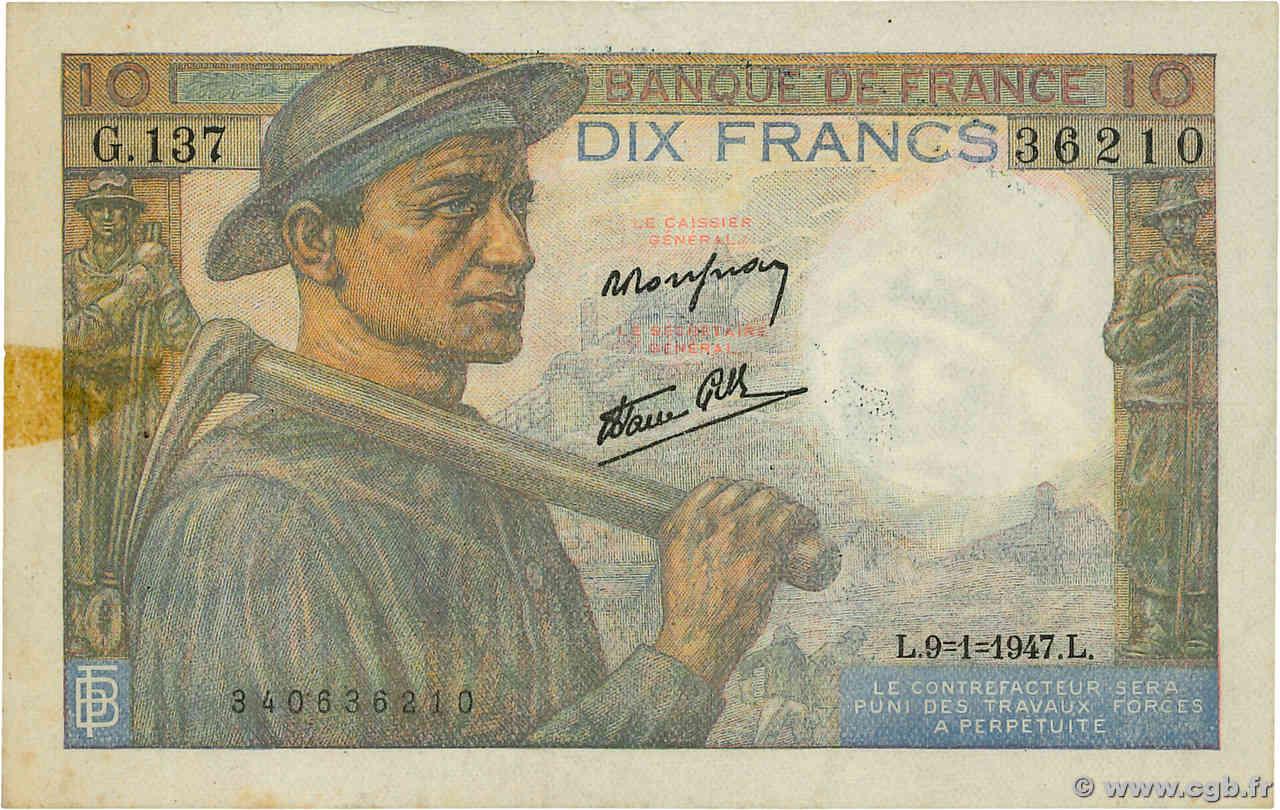10 Francs MINEUR FRANCE  1947 F.08.17 TTB+