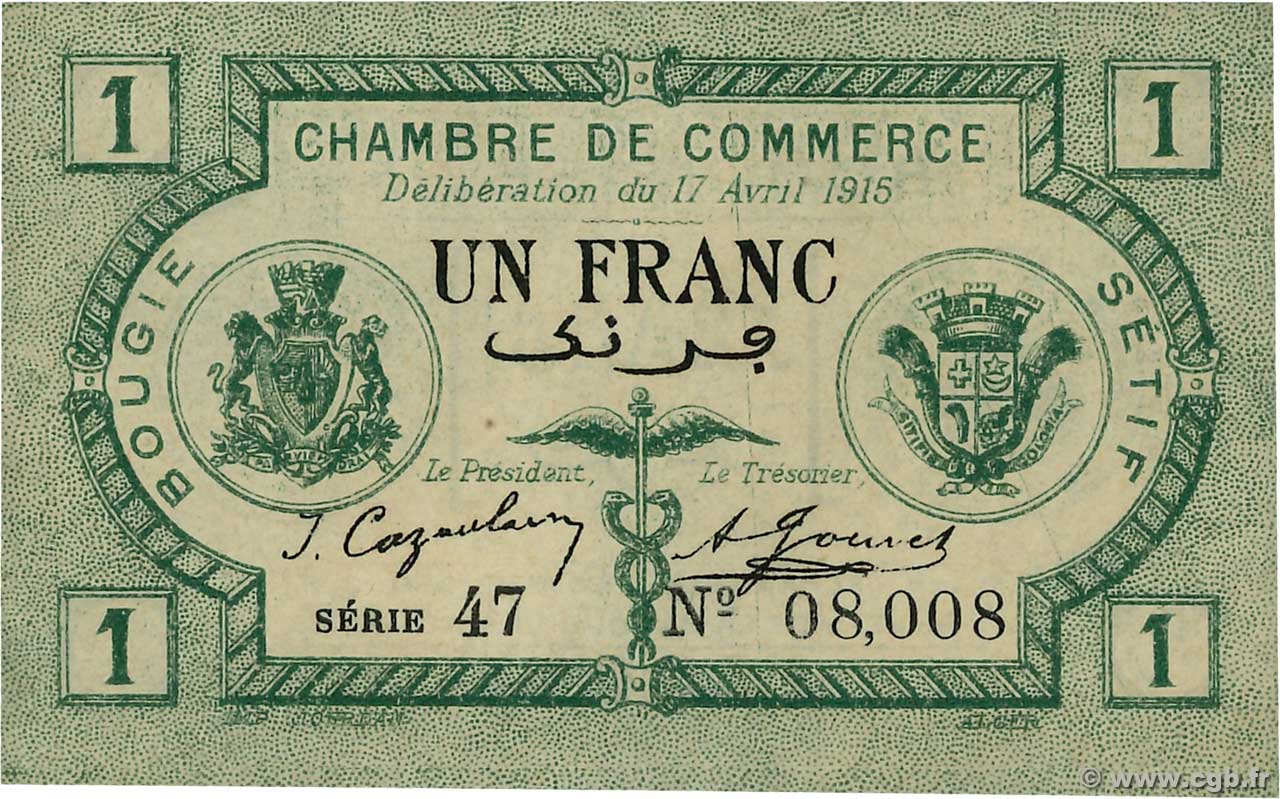 1 Franc Numéro spécial ARGELIA Bougie, Setif 1915 JP.139.02 SC+