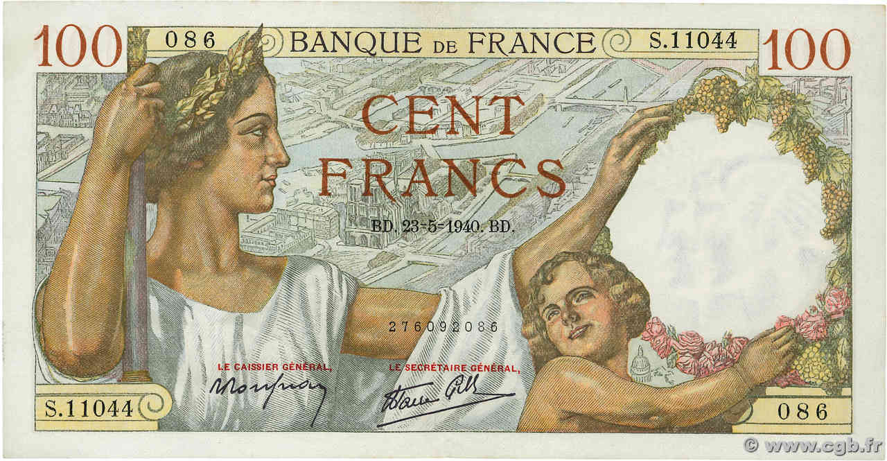 100 Francs SULLY FRANKREICH  1940 F.26.30 VZ