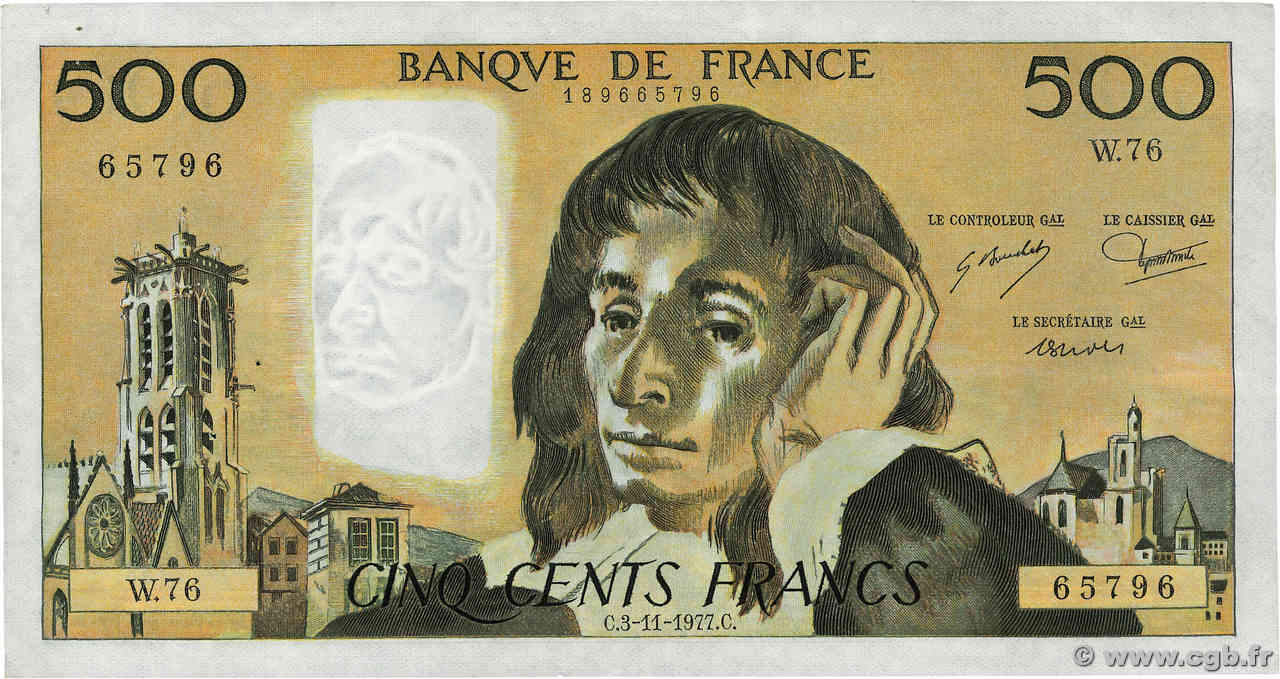 500 Francs PASCAL FRANCE  1977 F.71.17 TTB+