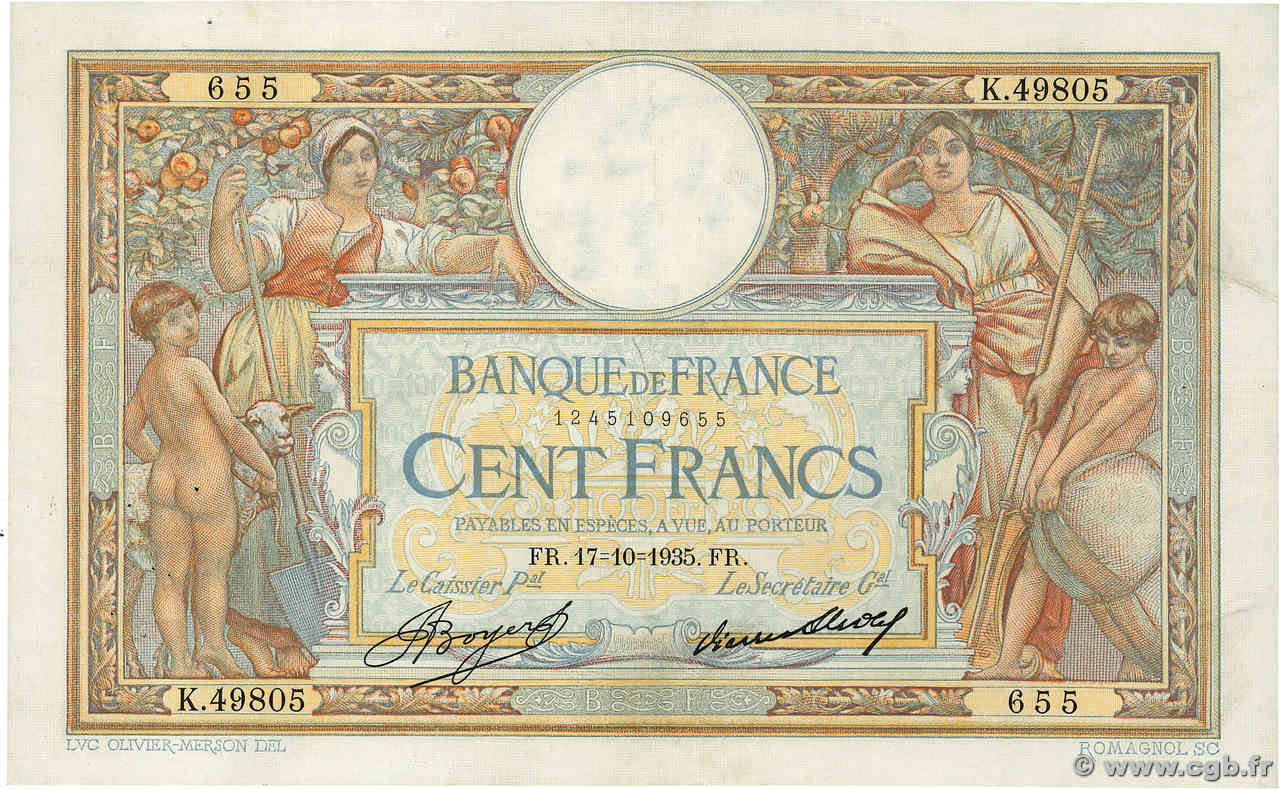 100 Francs LUC OLIVIER MERSON grands cartouches FRANCE  1935 F.24.14 TTB