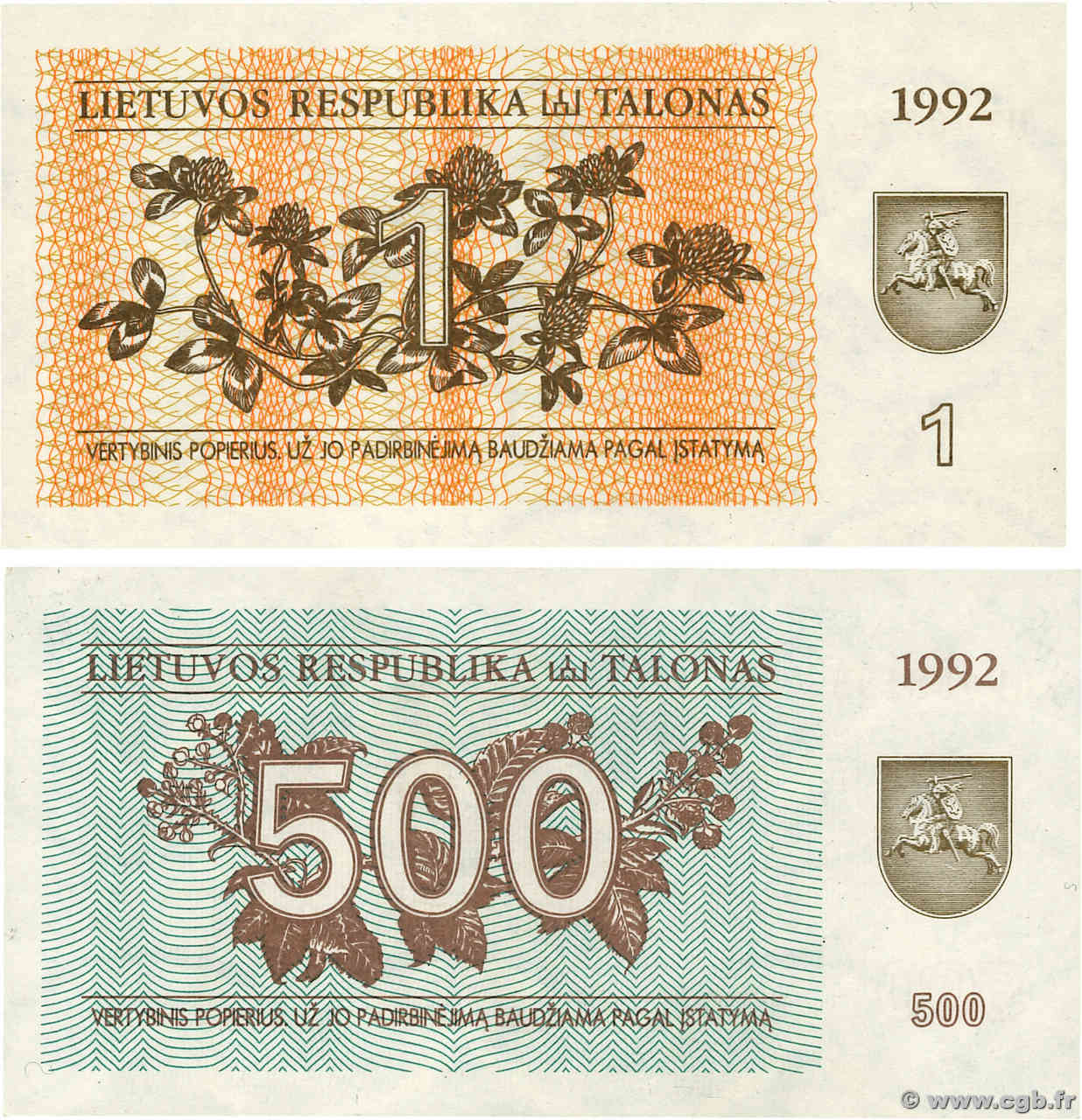 1 et 500 Talonas Lot LITUANIE  1992 P.39 et P.44 NEUF